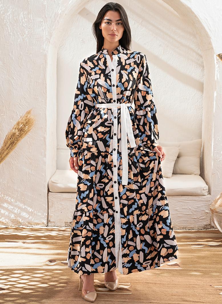 فرايديين لطيف طوق عالي طباعة حزام كم القميص فساتين طويلة اسود - Image 1