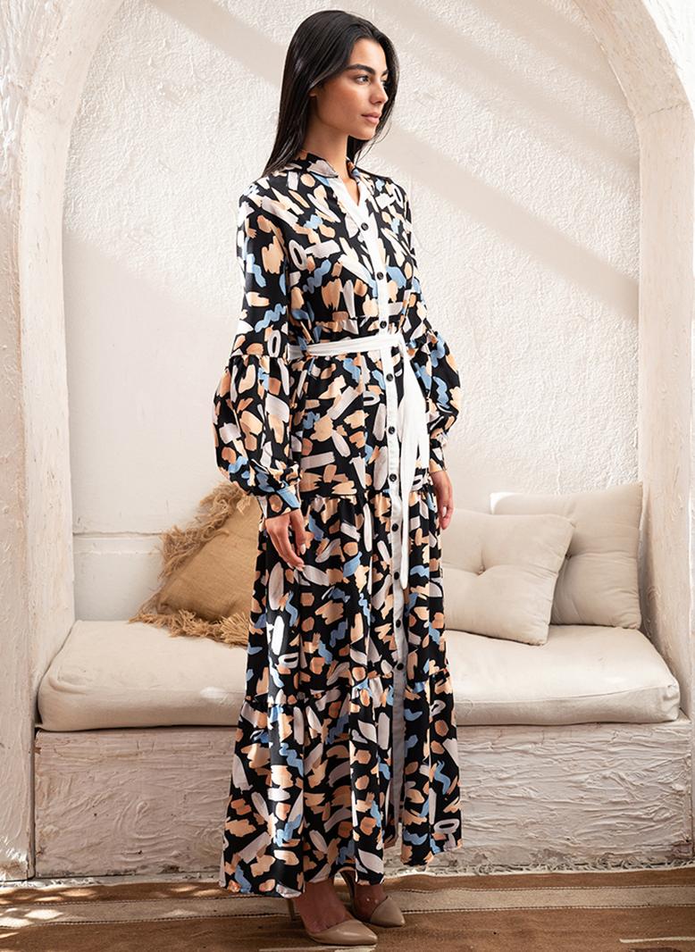 فرايديين لطيف طوق عالي طباعة حزام كم القميص فساتين طويلة اسود - Image 3