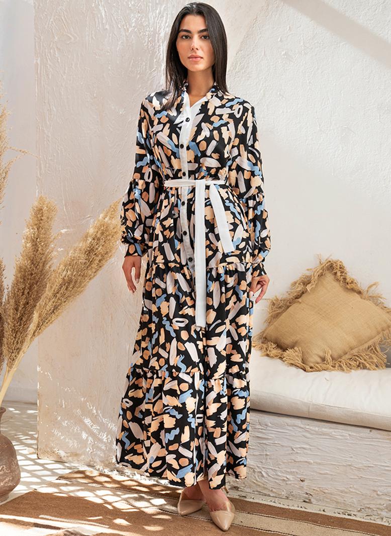 فرايديين لطيف طوق عالي طباعة حزام كم القميص فساتين طويلة اسود - Image 4