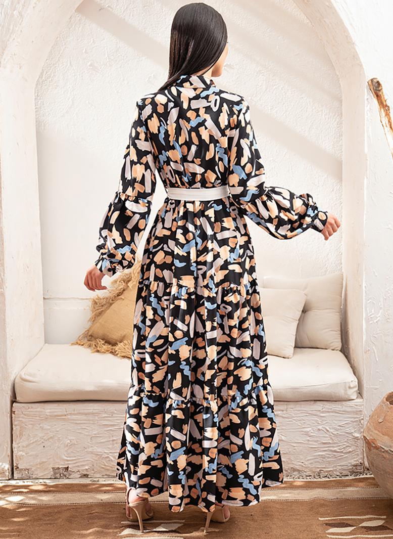 فرايديين لطيف طوق عالي طباعة حزام كم القميص فساتين طويلة اسود - Image 2