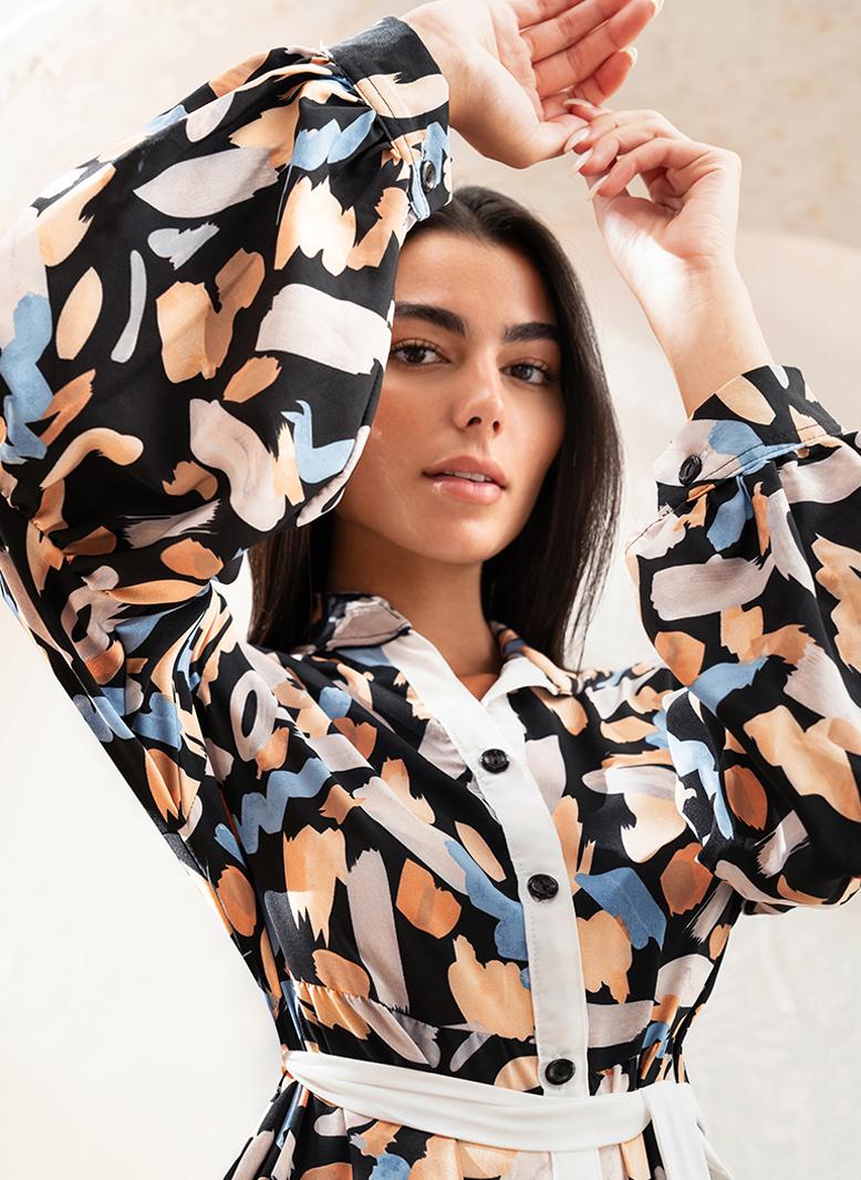 فرايديين لطيف طوق عالي طباعة حزام كم القميص فساتين طويلة اسود - Image 5