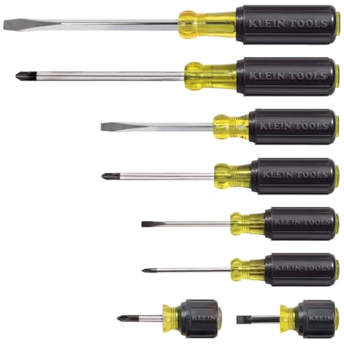 Klein Tools 85078 Screwdriver Set Made in USA AllPurpose Screwdriver Kit has 4 Phillips and 4 Flat Head Tips NonSlip Cushion Grip 8Piece