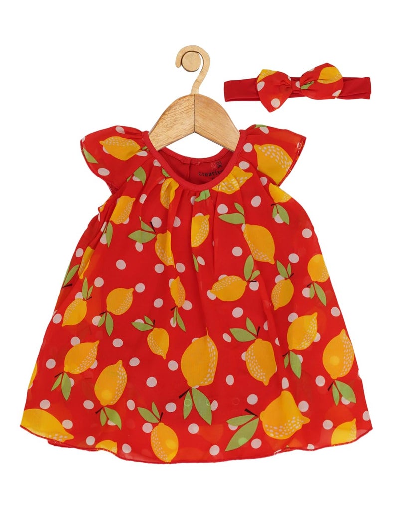 CREATIVE KIDS Baby Girl Polyester Fruit Print Cap Sleeve A-Line Knee Length Dress with Hairband & Snap Button (Red & Yellow, 18M) - Image 2