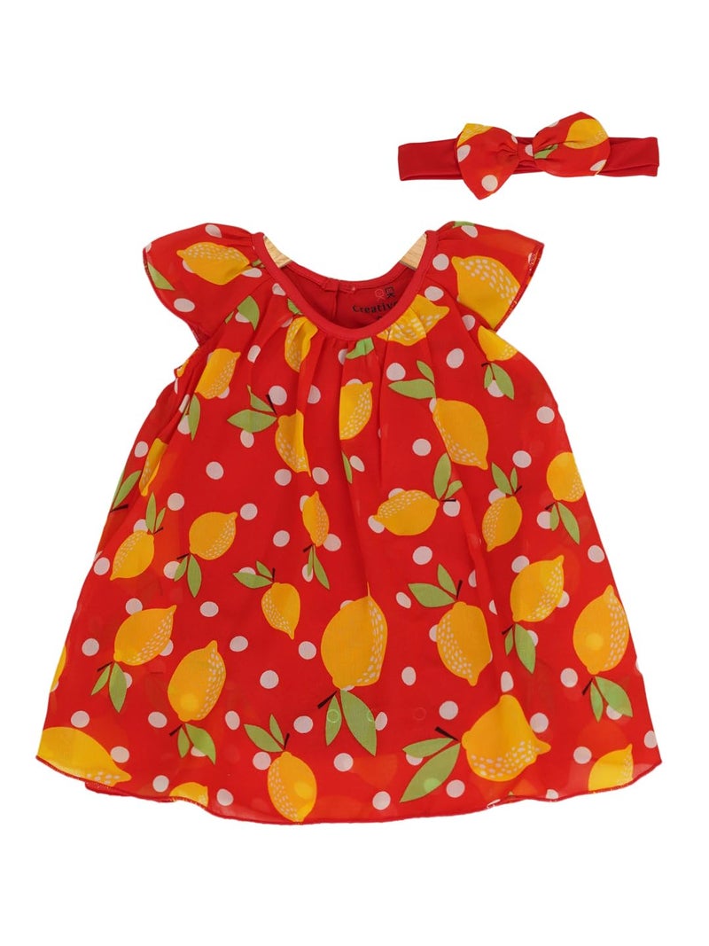 CREATIVE KIDS Baby Girl Polyester Fruit Print Cap Sleeve A-Line Knee Length Dress with Hairband & Snap Button (Red & Yellow, 18M) - Image 1