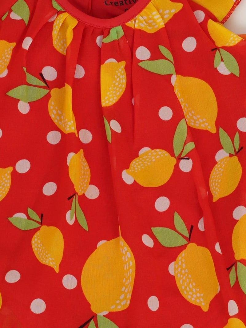 CREATIVE KIDS Baby Girl Polyester Fruit Print Cap Sleeve A-Line Knee Length Dress with Hairband & Snap Button (Red & Yellow, 18M) - Image 3