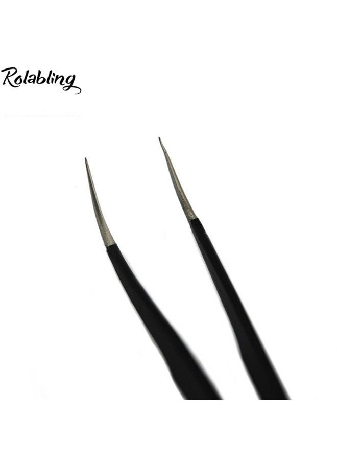 Rolabling - 2pcs Elbow & Straight Black Nail Tweezers Rhinestone Picker Manicure Nail Art Tool (Set-1) - Image 1