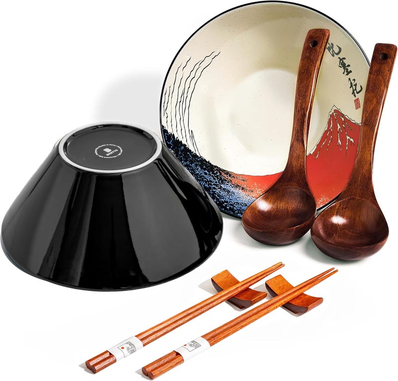 BICETTO Japanese Ramen Bowl Set with Red Fuji Design  60oz Large Ceramic Bowls Spoons Chopsticks for Ramen Pho Salad Poke  Premium Gift for Ramen Lovers  Microwave  Dishwasher Safe - Image 1
