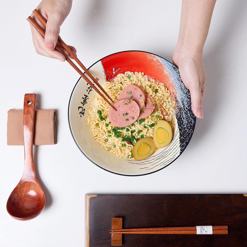 BICETTO Japanese Ramen Bowl Set with Red Fuji Design  60oz Large Ceramic Bowls Spoons Chopsticks for Ramen Pho Salad Poke  Premium Gift for Ramen Lovers  Microwave  Dishwasher Safe - Image 3