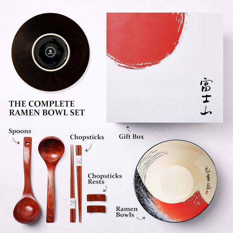 BICETTO Japanese Ramen Bowl Set with Red Fuji Design  60oz Large Ceramic Bowls Spoons Chopsticks for Ramen Pho Salad Poke  Premium Gift for Ramen Lovers  Microwave  Dishwasher Safe - Image 2