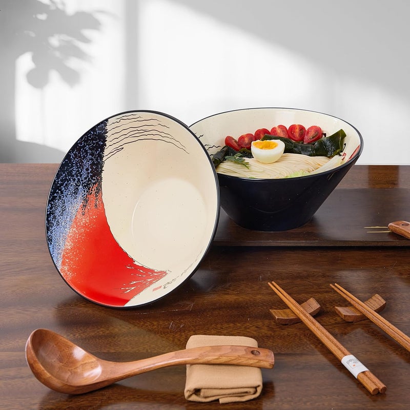 BICETTO Japanese Ramen Bowl Set with Red Fuji Design  60oz Large Ceramic Bowls Spoons Chopsticks for Ramen Pho Salad Poke  Premium Gift for Ramen Lovers  Microwave  Dishwasher Safe - Image 5
