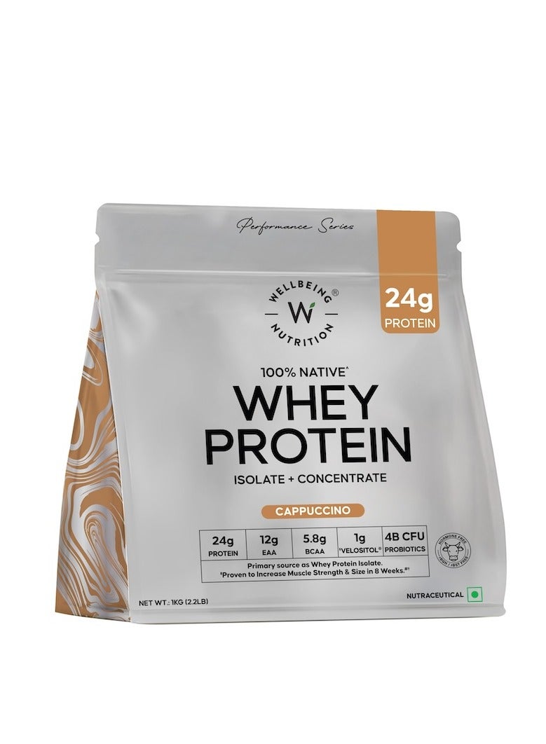 ويلبيينج نيوتريشن بروتين مصل اللبن المعزول والمركّز، 1 كجم، كابتشينو | 24 غ بروتين، فيلوسيتول مثبت سريريًا، تركيب بروتين عضلي مضاعف، 4 وحدات تشكيل مستعمرة، بروبيوتيك وإنزيمات هضمية، سهل الهضم - Image 1