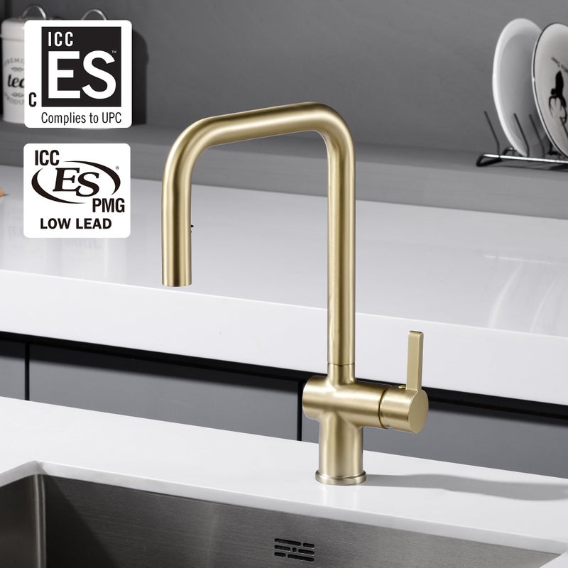 SUMERAIN Pull Out Kitchen Faucets with Dual Sprayer Mode, Single Hole Stainless Steel Modern Kitchen Sink Faucet Brushed Gold - Image 2