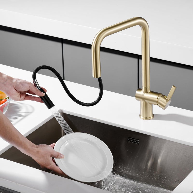 SUMERAIN Pull Out Kitchen Faucets with Dual Sprayer Mode, Single Hole Stainless Steel Modern Kitchen Sink Faucet Brushed Gold - Image 5