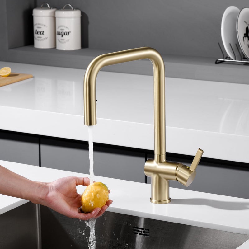 SUMERAIN Pull Out Kitchen Faucets with Dual Sprayer Mode, Single Hole Stainless Steel Modern Kitchen Sink Faucet Brushed Gold - Image 4