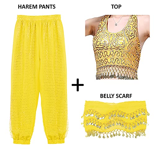 VRITRAZ Women's Chiffon Belly Dance Heart Design Chiffon Top, Harem Pants, and Hip Scarf Ringy Fancy Pants (Yellow) | for Belly Dancing Costume, Dancewear, Performance Outfit - Image 2