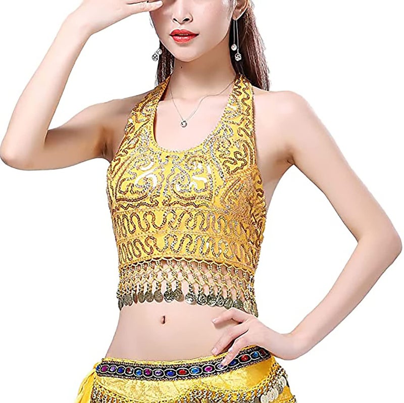 VRITRAZ Women's Chiffon Belly Dance Heart Design Chiffon Top, Harem Pants, and Hip Scarf Ringy Fancy Pants (Yellow) | for Belly Dancing Costume, Dancewear, Performance Outfit - Image 5