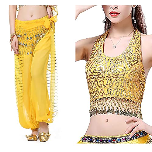 VRITRAZ Women's Chiffon Belly Dance Heart Design Chiffon Top, Harem Pants, and Hip Scarf Ringy Fancy Pants (Yellow) | for Belly Dancing Costume, Dancewear, Performance Outfit - Image 1