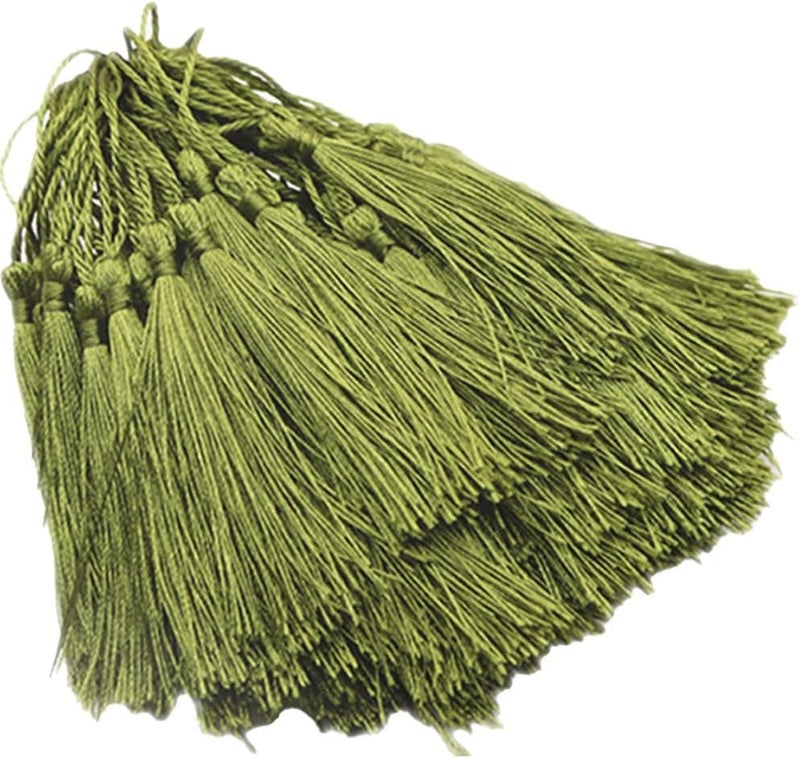 MSCFTFB 120 Pieces 5inch Silk Floss Tassels with Hang Loops Mini Tassels Mala Tassel Kits for Bookmarks Earring Dreamcatcher Jewerly Making Belt Clothing Curtain Decorations (Olive) - Image 1