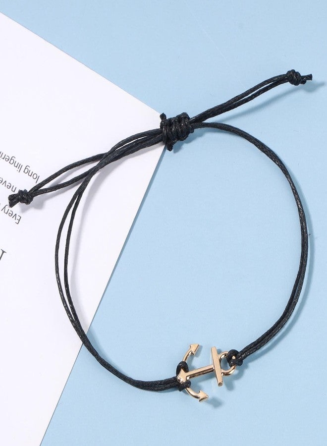 Yheakne Boho Layered Leather Bracelet - Black Cord Anchor Adjustable Wax String Sailor Hand Chain Jewelry for Women (Gold) - Image 3