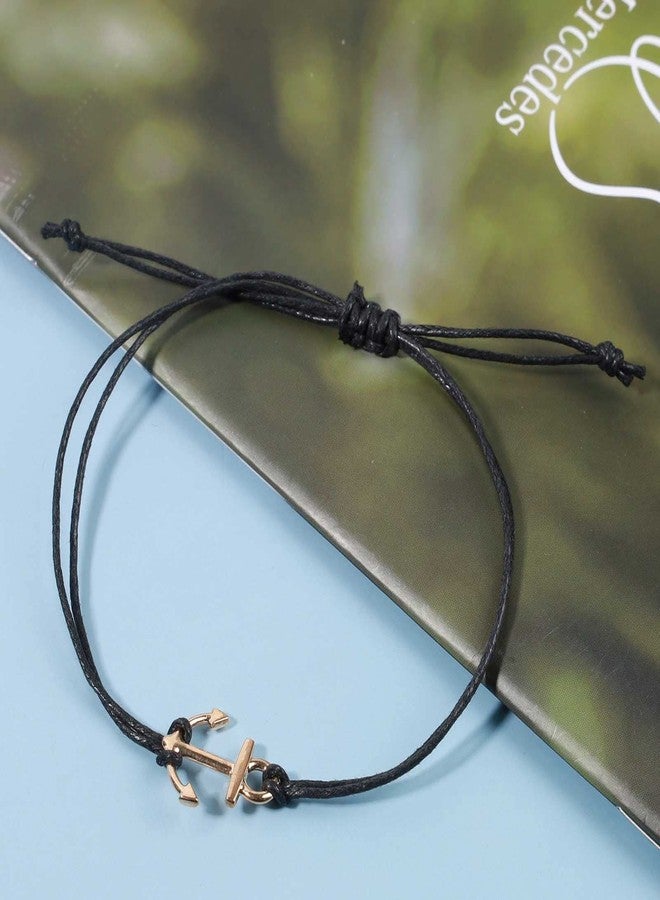 Yheakne Boho Layered Leather Bracelet - Black Cord Anchor Adjustable Wax String Sailor Hand Chain Jewelry for Women (Gold) - Image 5