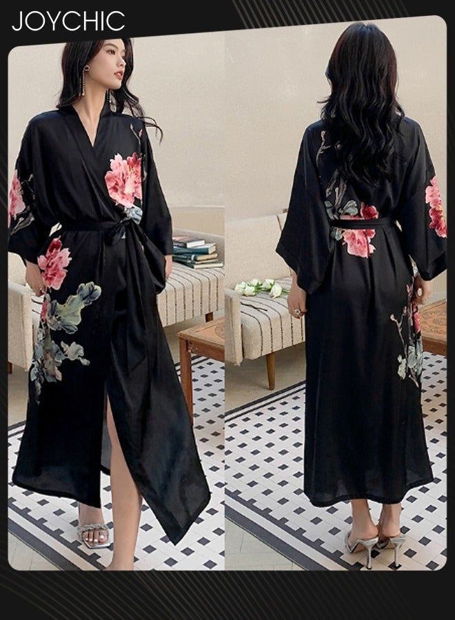 Joychic Flower Pattern Satin Pajamas for Women Spring and Summer Light Luxury Three-quarter Sleeves Cool Nightgown Long Sleep Robe Home Wear One Size Black - Image 1