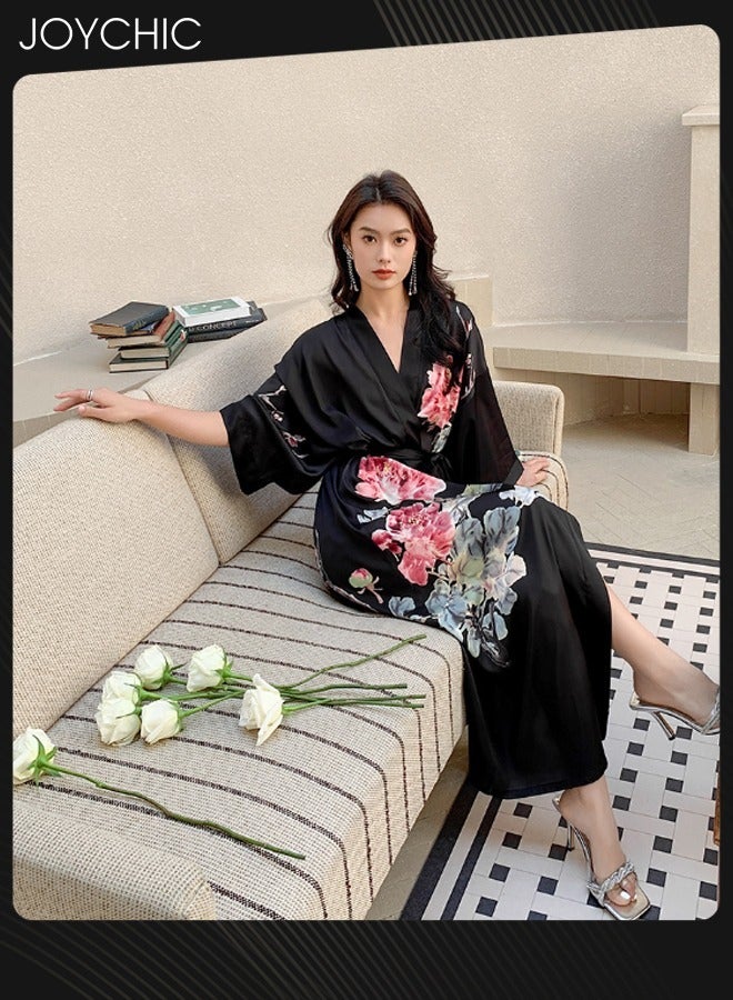 Joychic Flower Pattern Satin Pajamas for Women Spring and Summer Light Luxury Three-quarter Sleeves Cool Nightgown Long Sleep Robe Home Wear One Size Black - Image 2