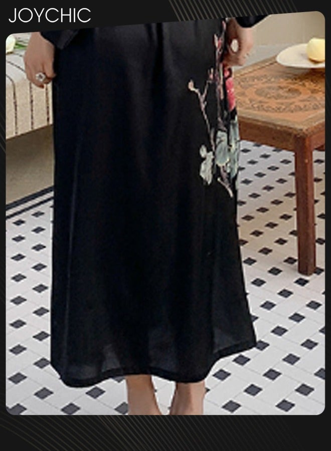 Joychic Flower Pattern Satin Pajamas for Women Spring and Summer Light Luxury Three-quarter Sleeves Cool Nightgown Long Sleep Robe Home Wear One Size Black - Image 3