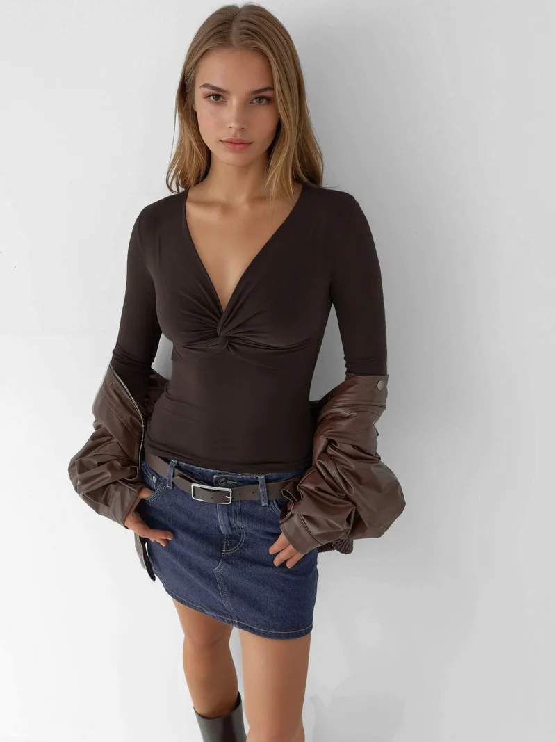 HICCUP V-Neck Twist-Front Long Sleeve Top