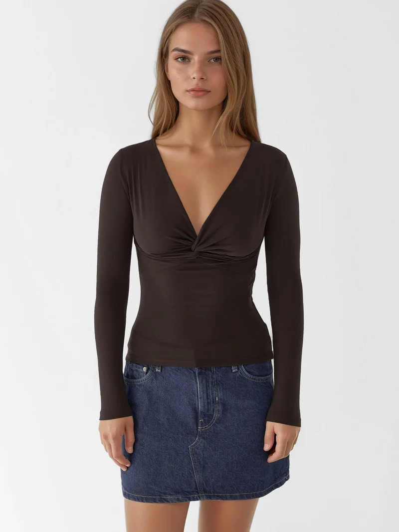 HICCUP Dark Mocha Brown V-Neck Twist-Front Long Sleeve Top for Women | Best Price UAE