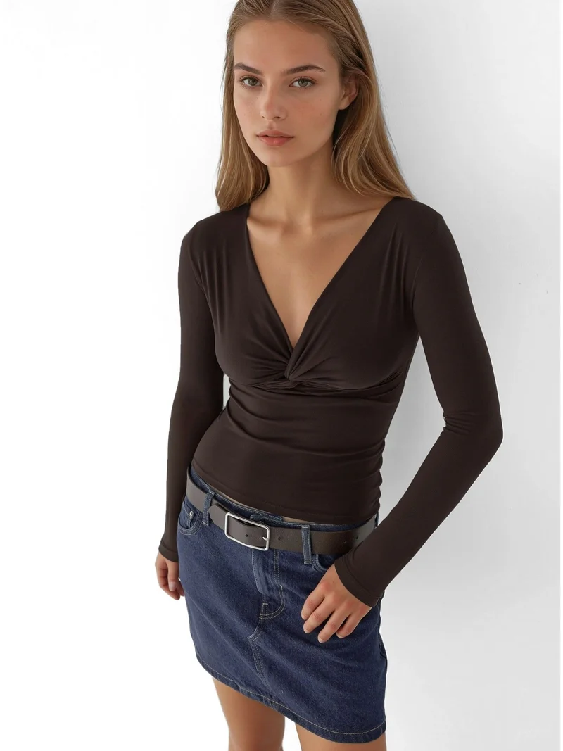 HICCUP Dark Mocha Brown V-Neck Twist-Front Long Sleeve Top for Women | Best Price UAE