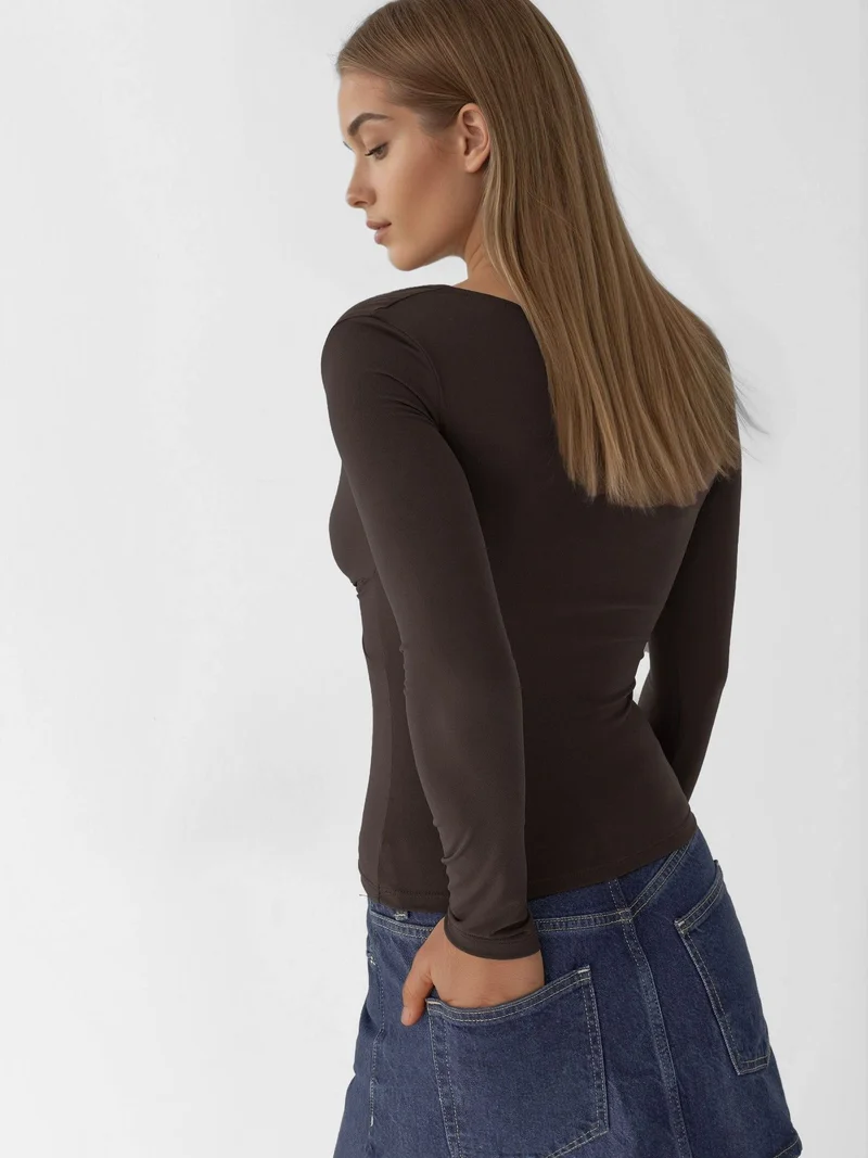 HICCUP Dark Mocha Brown V-Neck Twist-Front Long Sleeve Top for Women | Best Price UAE