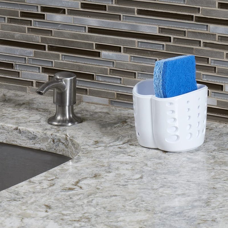 Home Basics Home Basics Double Sponge Holder Kitchen Sink Caddy  Saddle Faucet Sink Soap Sponge Organizer With Drain Hole  White  - Image 5
