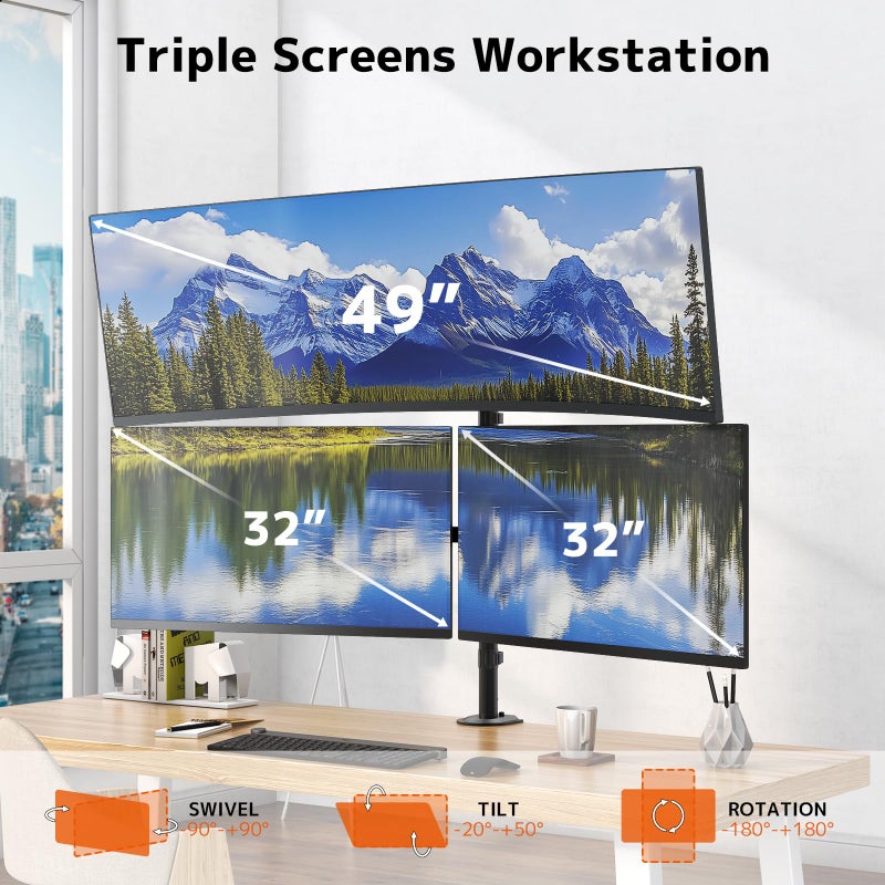 PUTORSEN Triple Monitor Mount for Up to 49" Ultrawide and 32" Monitors per Side Arm, Extra Tall 3 Monitor Desk Mount Holds up to 44 lbs, VESA 75/100 mm - Image 2