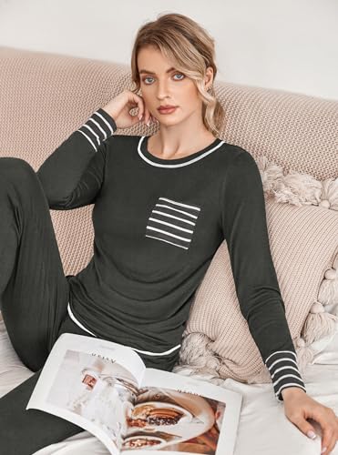 Ekouaer Pajamas Women's Long Sleeve Pj Set Soft 2 Piece Loungewear Sleepwear with Jogger Pants Grey,L - Image 2