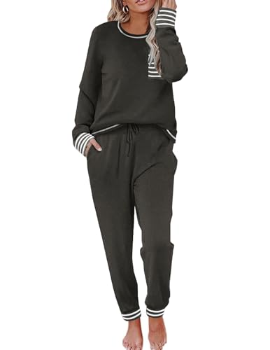 Ekouaer Pajamas Women's Long Sleeve Pj Set Soft 2 Piece Loungewear Sleepwear with Jogger Pants Grey,L - Image 1