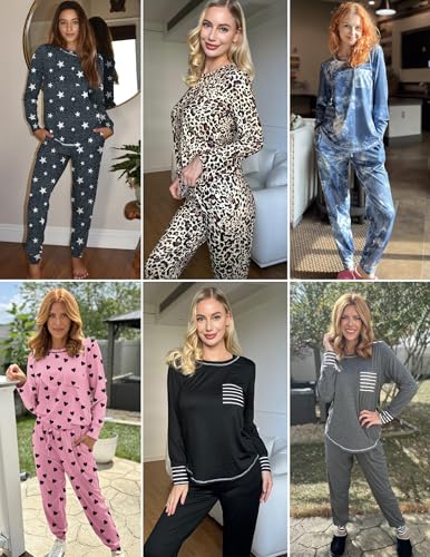 Ekouaer Pajamas Women's Long Sleeve Pj Set Soft 2 Piece Loungewear Sleepwear with Jogger Pants Grey,L - Image 5