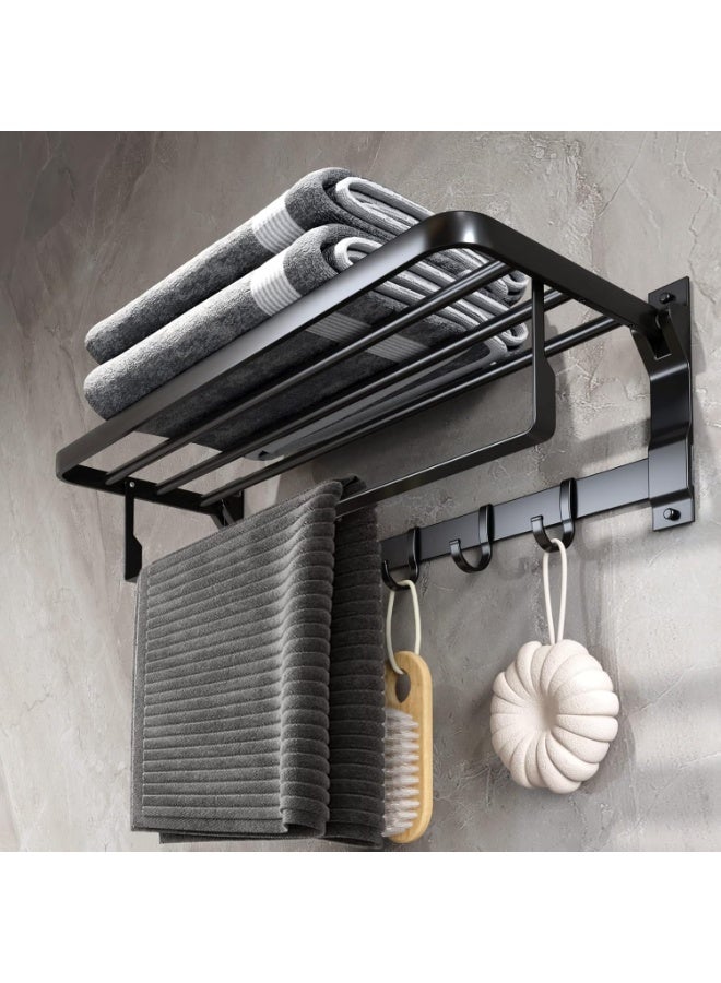 رف مناشف الحمام، رف مناشف من الألومنيوم مع رف، حامل مناشف مثبت على الحائط، خطافات مزدوجة قابلة للطي بدون حفر، 24 بوصة - Image 1