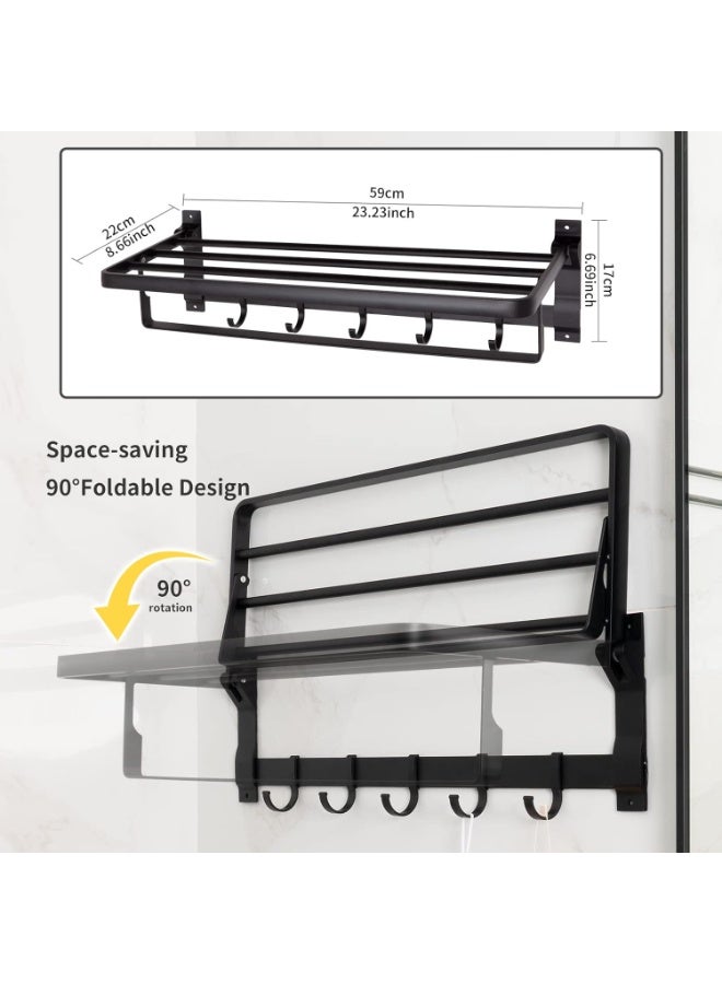 رف مناشف الحمام، رف مناشف من الألومنيوم مع رف، حامل مناشف مثبت على الحائط، خطافات مزدوجة قابلة للطي بدون حفر، 24 بوصة - Image 5
