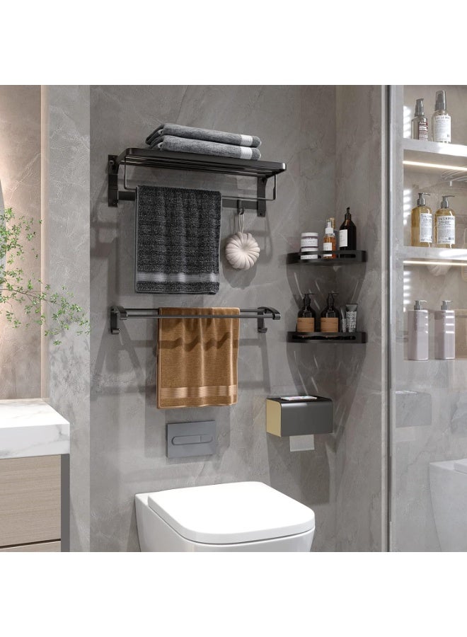 رف مناشف الحمام، رف مناشف من الألومنيوم مع رف، حامل مناشف مثبت على الحائط، خطافات مزدوجة قابلة للطي بدون حفر، 24 بوصة - Image 2