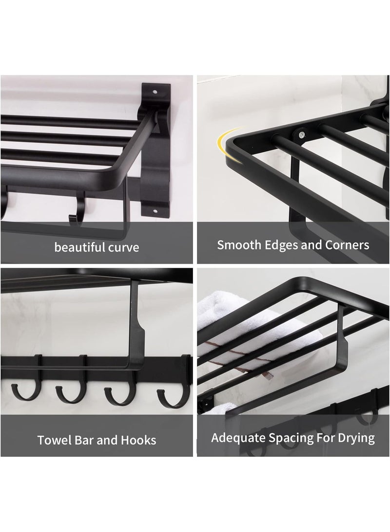 رف مناشف الحمام، رف مناشف من الألومنيوم مع رف، حامل مناشف مثبت على الحائط، خطافات مزدوجة قابلة للطي بدون حفر، 24 بوصة - Image 4