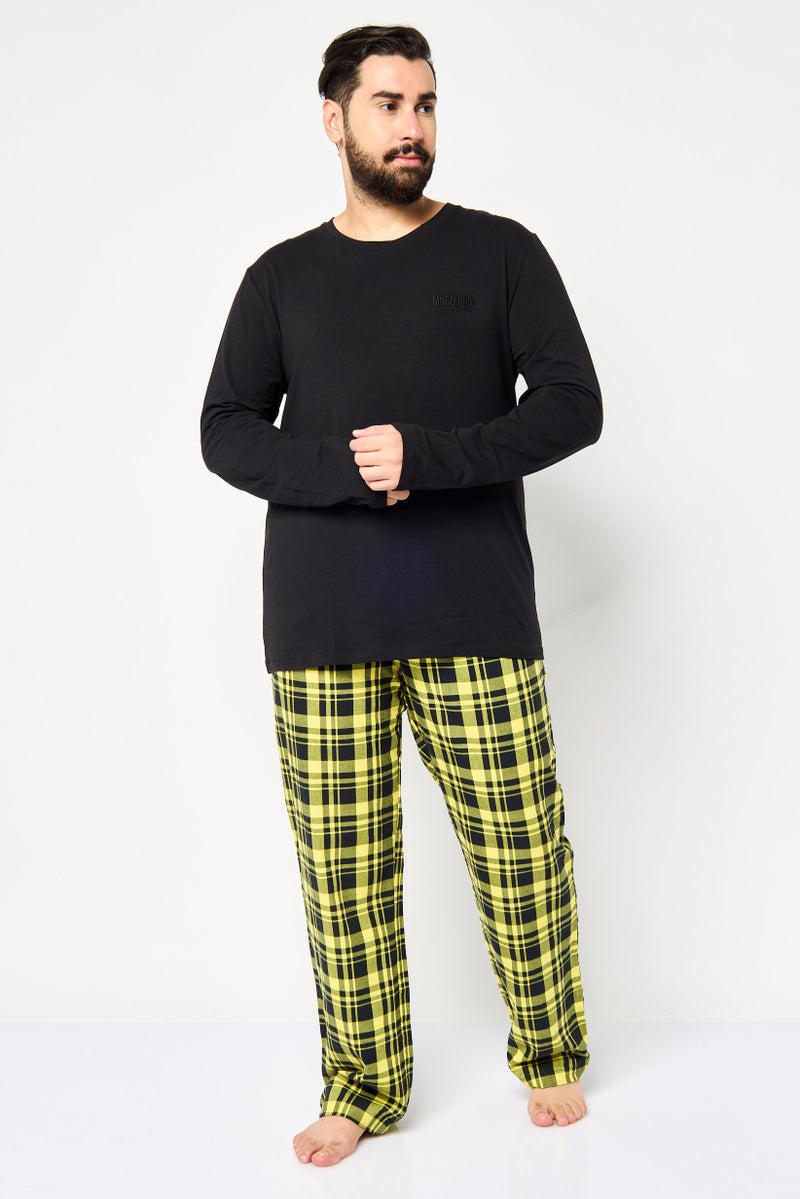 MOSCHINO Men 2 Pcs Embroidered Logo Long Sleeves Top And Plaid Pajama Set, Multicolor - Image 1