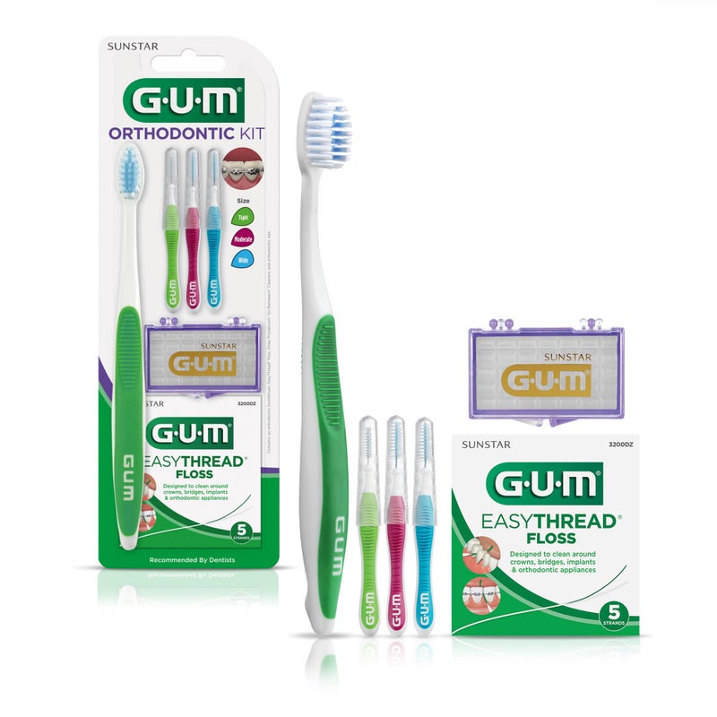 GUM Orthodontic Kit â€“ Features Orthodontic Toothbrush, 3 Proxabrush Sizes and Shred-Resistant EasyThread Floss, and Mint Ortho Wax - Image 1