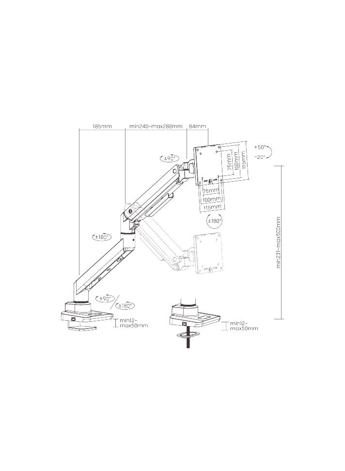 NEWSTAR Gas Spring Single Monitor Arm – Fits 17″–49″ Flat & Curved Monitors | Supports up to 20 kg | Tilt +50°/−20°, Swivel ±90°, Rotate ±180° | Clamp & Grommet Desk Mount | Quick-Release VESA | Cable Management 91-LDT69C012 - Image 4