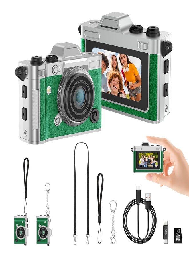 Dienspeak Pocket Mini Camera, Y2K Retro Keychain Digital Camera with Leather Body, Small Portable 2K HD Video Recorder with 16GB Card, Tiny Vintage Camcorder for Travel Vlogging Camera, Green - Image 1