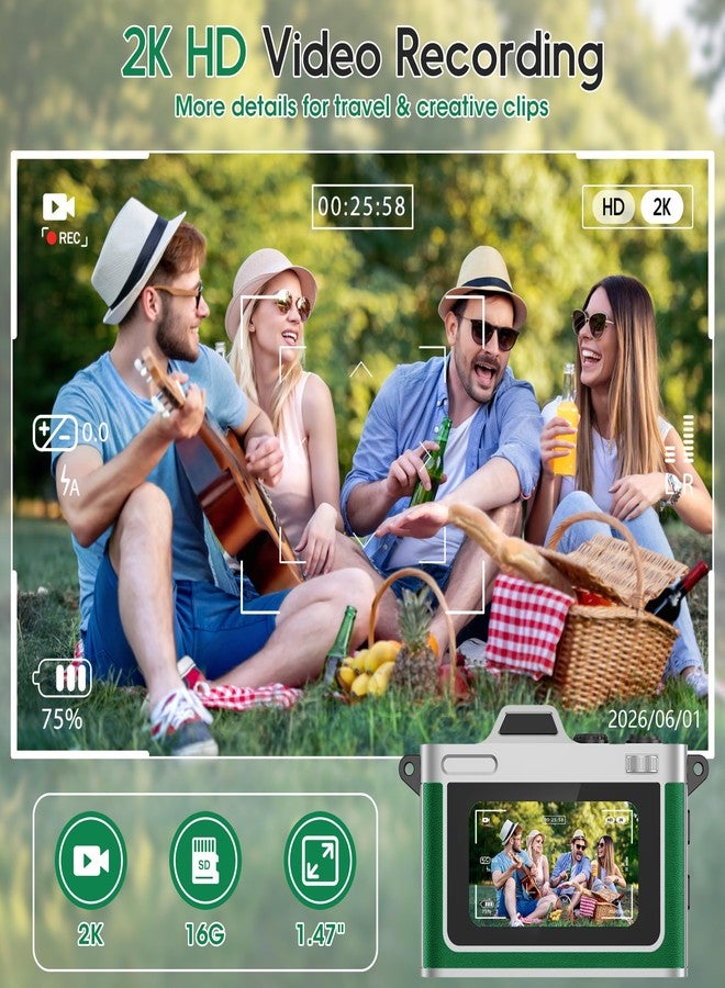 Dienspeak Pocket Mini Camera, Y2K Retro Keychain Digital Camera with Leather Body, Small Portable 2K HD Video Recorder with 16GB Card, Tiny Vintage Camcorder for Travel Vlogging Camera, Green - Image 3