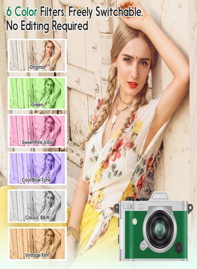 Dienspeak Pocket Mini Camera, Y2K Retro Keychain Digital Camera with Leather Body, Small Portable 2K HD Video Recorder with 16GB Card, Tiny Vintage Camcorder for Travel Vlogging Camera, Green - Image 5