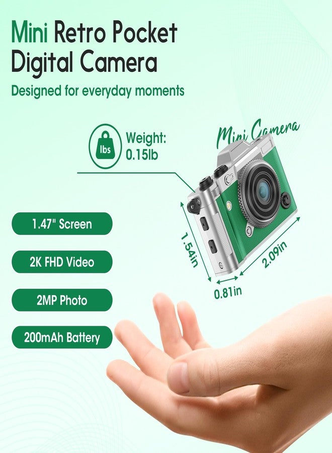 Dienspeak Pocket Mini Camera, Y2K Retro Keychain Digital Camera with Leather Body, Small Portable 2K HD Video Recorder with 16GB Card, Tiny Vintage Camcorder for Travel Vlogging Camera, Green - Image 2