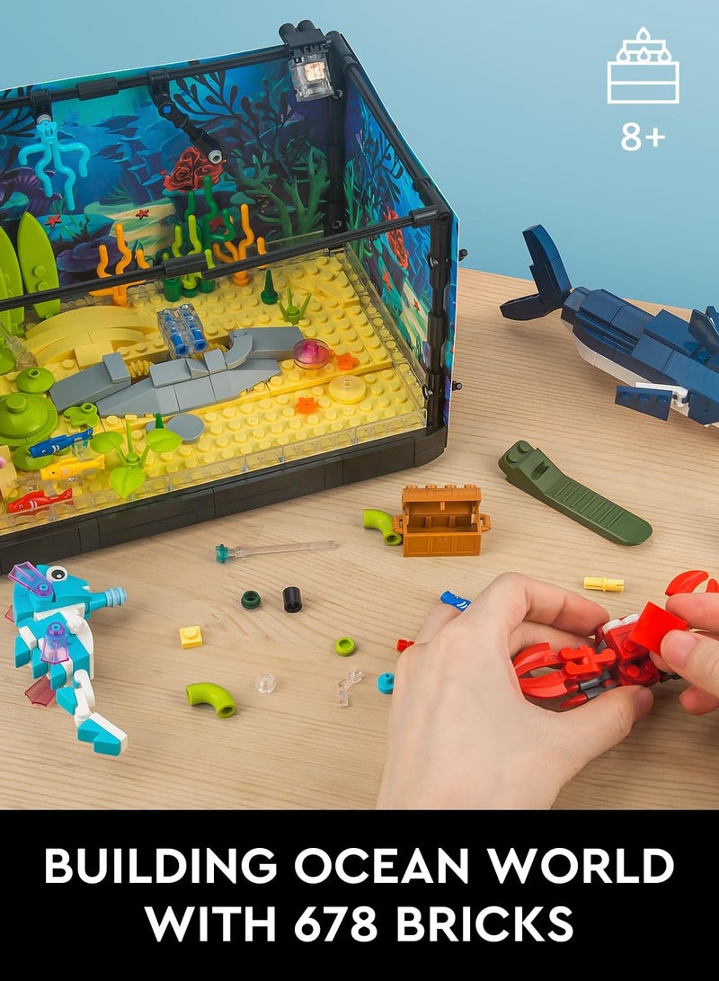 Fish Tank Building Set, Creative Fish Aquarium with Shark, Collectible DIY Toy for Adults, Boys, and Girls Ages 8+, Includes Light, 648PCS.