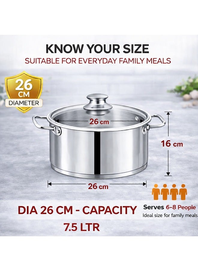 SONEX Mega Super Pot, 26 cm (7.7 Ltr) Stainless Steel Cooking Pot/Casserole – Durable Handles, Glass Lid, Sandwich Bottom for Even Heating, Sleek Modern Design for Efficient and Stylish Cooking - Image 2