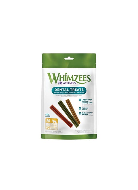WHIMZEES by Wellness Stix Natural Dental Chews for Dogs, 3X Longer Lasting & Grain-Free, Freshen Breath & Fight Plaque & Tartar, Medium Breed, 14 Count